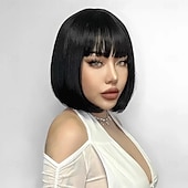 cheap Human Hair Capless Wigs-Brazilian Human Hair Wig with Bangs Remy Straight Hair Bob Wigs Full Machine Made Wig for Women 8-14Inches Glueless Bob Wig