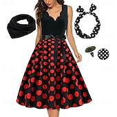 economico Outfit-Abito Rockabilly A-Line per Donne con Pois Abito Swing Abito Flare con Set di Accessori Abiti Grease anni &#039;50 Retro Vintage anni &#039;60 con Fascia per Capelli Sciarpa Orecchini per Abito da Festa