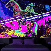 economico Arazzi Blacklight-arazzo a luce nera reattivo ai raggi UV fosforescente festa fluorescente al neon mucca occidentale uomo psichedelico trippy nebbioso arazzo appeso arte murale per soggiorno camera da letto
