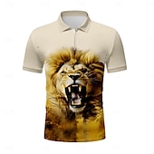 baratos Polo Masculino Estampa Animal-Homens Leão Camisas Polo com zíper Camisa de golfe Manga Curta Camisas polo Camisas de colarinho Casual Engraçado Streetwear Roupas de férias Trajes de festa Impressão 3D Polo com fecho de correr de