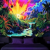 cheap Blacklight Tapestries-Blacklight Tapestry UV Reactive Glow in the Dark Glow Party Neon Mushroom Landscape Psychedelic Trippy Misty Hanging Tapestry Wall Art Mural for Living