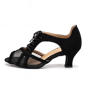 baratos Sapatos de Dança Latina-sapatos de dança de malha preta com cadarço femininos, salto baixo e sola de camurça – design elegante e aberto para apresentações de salão, latinas e festas