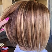 billige eldre parykk-sidedel korte lag bob parykker for hvite kvinner blond blandet brun søt rett nisse bob parykk invertert bob parykk syntetisk halloween cosplay hår erstatning parykk