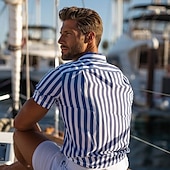 preiswerte Herren Elite Hemden-Herren Hemd Sommerhemd Freizeithemd Knopfhemd Blau Leicht Blau Kurzarm Streifen Revers Urlaub Alltagskleidung Bekleidung Kunstseide Mode Hawaiianisch Lässig Strand