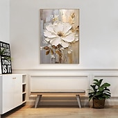 billiga Blom- och växtmålningar-handmålad texturerat guld blomma oljemålning väggkonst abstrakt vit blomma målning på duk minimalistisk modern blommig oljemålning för vardagsrum målning elegant väggdekor fancy väggkonst