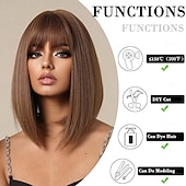economico Parrucche trendy sintetiche-parrucca marrone scuro castano scuro biondo castano ramato con frangia parrucche naturali corte e diritte per le donne parrucche sintetiche lunghe fino alle spalle per il cosplay quotidiano