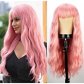 economico Parrucche trendy sintetiche-Parrucca ramata con frangia parrucche morbide e ondulate lunghe per le donne parrucca sintetica riccia sostitutiva per costumi di Halloween parrucche per feste cosplay