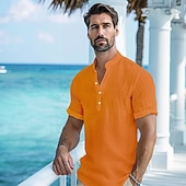 economico Vacanza-Per uomo Camicia camicia di lino Camicia con colletto a fascia Camicia popover Camicia estiva Abbigliamento mare Liscio Da mare Curise Bianco Blu Arancione Manica corta A fascia Estate Abbigliamento