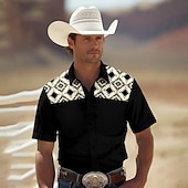 olcso férfi nyugati ingek-Férfi Azték Ing Nyugati ing Cowboy ing Rövid ujjú Western stílus Törzsi Nyár Tavasz Állógallér Fekete