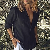 Men's Shirt Linen Shirt Casual Shirt Cotton Shirt Plain Vacation Street Black Short Sleeve Lapel Summer Clothing Apparel Button-Down3