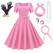 economico Outfit-Retrò Vintage Anni 1950 Rockabilly Gonna a cerchio Abito a Linea Tutu A Pois Per donna Festa / Sera Mascherata Addio al Nubilato Adulti Vestito Guanti Orecchini Primavera &amp; Estate