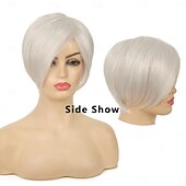 economico parrucca più vecchia-parrucche caschetto corto da pixie per donna parrucca di capelli lisci con taglio a caschetto bianco parrucca sintetica di ricambio per cosplay di Halloween argento bianco nero