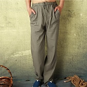 cheap Home-Men&#039;s Linen Pants Trousers Summer Pants Beach Pants Pocket Drawstring Elastic Waist Plain Comfort Breathable Vacation Daily Holiday Hawaiian Boho ArmyGreen Black