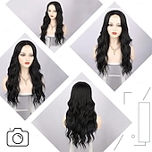 billige Syntetiske trendy parykker-svart blond mørk brun rosa parykk for kvinner lang bølget parykk midtdel parykk svart krøllet parykk syntetisk varmebestandig parykk lang parykk til daglig festbruk 26 tommer