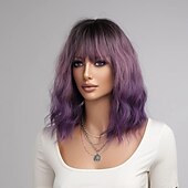 abordables Perruques Synthétiques Sans Bonnet-gris vert rose blonde violet perruque pour femmes ombre violet bob perruque mardi gras perruques courtes bouclés ondulés noir à violet perruque avec frange synthétique résistant à la chaleur