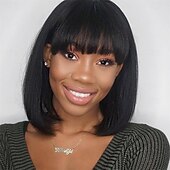 baratos Perucas capless de cabelo natural-Cabelo humano remy Peruca Curto Liso Liso Seda Prumo Bob curto Franja Lisa Com Franjas Cor natural Macio Vestir fácil Melhor qualidade Fabrico à Máquina Cabelo Brasileiro Mulheres Preto 10 polegadas