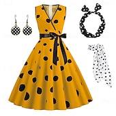 tanie stroje-damska linia a rockabilly sukienka groszki sukienka rozkloszowana sukienka rozkloszowana z zestawem akcesoriów lata 50. 60. retro vintage z opaską na głowę szyfon szalik kolczyki okulary kocie