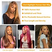 cheap Human Hair Lace Front Wigs-P4/27 Highlight Wigs Pre Plucked Highlight Ombre Lace Front Wig Human Hair Omber P4/27 Hair Wig with Natural Hairline 13X4 HD Transparent Straight Lace Frontal Wigs For Women Brazilian Remy Hair Wig