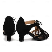 baratos Sapatos de Dança Latina-sapatos de dança de malha preta com cadarço femininos, salto baixo e sola de camurça – design elegante e aberto para apresentações de salão, latinas e festas