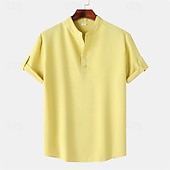 Men's Shirt Linen Shirt Chinese Collar Shirt Mandarin Collar Shirt Casual Shirt Cotton Shirt Plain Vacation Street Black Yellow Light Green Pink Short Sleeve Band Collar Summer Clothing Apparel 36