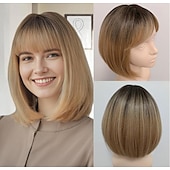 economico Parrucche trendy sintetiche-parrucca marrone scuro castano scuro biondo castano ramato con frangia parrucche naturali corte e diritte per le donne parrucche sintetiche lunghe fino alle spalle per il cosplay quotidiano