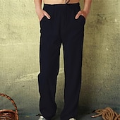 cheap Home-Men&#039;s Linen Pants Trousers Summer Pants Beach Pants Pocket Drawstring Elastic Waist Plain Comfort Breathable Vacation Daily Holiday Hawaiian Boho ArmyGreen Black