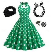 baratos Conjuntos-Anos 50 Retro Vintage Rockabilly Vestido swing Vestido Flare Bolinhas Fantasia Mulheres Festa / Noite Festa de Solteira Adulto Vestido Bandana Vestidos de baile