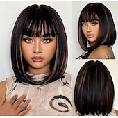 economico Parrucche trendy sintetiche-parrucca marrone scuro castano scuro biondo castano ramato con frangia parrucche naturali corte e diritte per le donne parrucche sintetiche lunghe fino alle spalle per il cosplay quotidiano