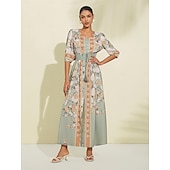 abordables Robes de fête-Robe longue en satin vert à fleurs, col en V, manches bouffantes, pour invités de fête/mariage, pour impressionner 2024