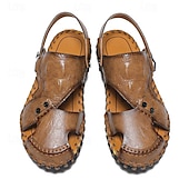 cheap Casual Sandals-Men&#039;s Brown Leather Sandals with Adjustable Strap and Stylish Stitching – Comfortable and Durable for Casual Outings, Beach and Everyday Wear