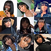 baratos Perucas capless de cabelo natural-Cabelo humano remy Peruca Curto Liso Liso Seda Prumo Bob curto Franja Lisa Com Franjas Cor natural Macio Vestir fácil Melhor qualidade Fabrico à Máquina Cabelo Brasileiro Mulheres Preto 10 polegadas
