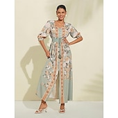 abordables Robes de fête-Robe longue en satin vert à fleurs, col en V, manches bouffantes, pour invités de fête/mariage, pour impressionner 2024