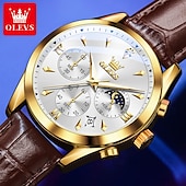 Χαμηλού Κόστους Ρολόγια Quartz-OLEVS Ανδρικό Ρολόι Κουρδιστό Μόδας Καθημερινής Χρήσης Φάση Σελήνης Λαμπερό Ημερολόγιο Χρονογράφος Ρολόι Δερμάτινο Λουράκι
