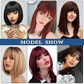 cheap Older Wigs-Bob Wigs for Women Short Bob Yaki Wigs with Bangs Short Bob Wigs Blonde Bob Wigs Realistic Look Synthetic wigs Blonde Brown Black Aubrun Dark Brown