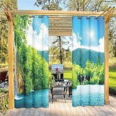 abordables Cortinas impermeables-Cortinas exteriores para patio, opacas impermeables, cubierta exterior para cenador, pabellón, pérgola, cenador, solárium, 2 paneles, cascada río