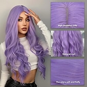 billiga Syntetiska peruker utan hätta-lila blond regnbåge body wave syntetiska peruker för kvinnor 26 tum långt lockigt hår för cosplay tjejer och kvinnor halloween fest eller daglig användning peruk