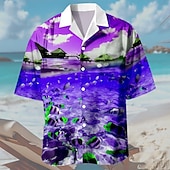 levne Ocean Print-Pánské Přímořská krajina vzor Košile Havajská košile Aloha košile Krátký rukáv Košile Přehnutý Havajské Letovisko Ležérní Havajské Dovolená Fialová Oranžová Tmavomodrá S M L