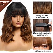 economico Parrucche trendy sintetiche-parrucca corta ondulata marrone con frangia parrucca corta marrone ombre marrone chiaro bordeaux parrucche bionde nere a caschetto per le donne parrucca caschetto ondulato con frangia parrucche
