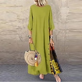 abordables Vestidos Florales Impresos-Mujer Amarillo Rojo Azul Marino Verano Primavera Otoño Vestido largo maxi Vestido bohemio Vestido informal Vestido de lino de algodón Bohemia Moda Casual Diario Exterior Noche Holgado Cuello Barco