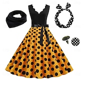 economico Outfit-Abito Rockabilly A-Line per Donne con Pois Abito Swing Abito Flare con Set di Accessori Abiti Grease anni &#039;50 Retro Vintage anni &#039;60 con Fascia per Capelli Sciarpa Orecchini per Abito da Festa