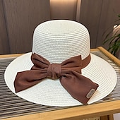 cheap Party Hats-Hats Headwear Acrylic / Cotton Straw Bucket Hat Straw Hat Sun Hat Casual Holiday Elegant Vintage With Bowknot Pure Color Headpiece Headwear