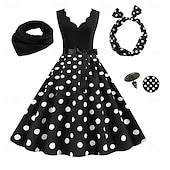 economico Outfit-Abito Rockabilly A-Line per Donne con Pois Abito Swing Abito Flare con Set di Accessori Abiti Grease anni &#039;50 Retro Vintage anni &#039;60 con Fascia per Capelli Sciarpa Orecchini per Abito da Festa