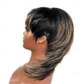 economico Parrucche di capelli veri senza cuffia-parrucche corte con taglio pixie per donne nere, parrucca interamente realizzata a macchina con frangia a coda di rondine, capelli umani veri evidenziati diritta