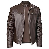 cheap Faux Leather Jackets-Male Faux Leather Jacket Transition Jacket Biker Jacket Casual Daily Travel Pocket All Seasons Solid / Plain Color Leisure Sweet Standing Collar Regular Black Royal Blue Brown Khaki Jacket
