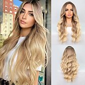 levne Syntetické paruky se síťkou-Syntetická krajková paruka Přírodní vlny Styl 26 inch Vícebarevný Střední část U část Paruka Dámské Paruka Černá a zlatá Zlatavá Tmavěhnědá