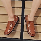 baratos sandálias de exterior-Homens Sandálias Sandálias rasas Sandálias De Moda Chinelos ao ar livre sapatos feitos à mão Caminhada Casual Estilo Praia Diário Escritório e Carreira Pele Napa Tecelagem voadora Respirável