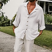 economico Strada-Per uomo Camicia Camicia di lino Camicia bianca di cotone Camicia casual Camicia in cotone e lino Camicia di cotone Semplice Vacanza Camicia hawaiana Bianco Albicocca Manica Lunga Collo Camp