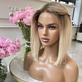 baratos Perucas de seda frontais de cabelo natural-Cabelo humano remy 13x4 Lace Front Peruca Bob curto Cabelo Brasileiro Liso Multi Cores Peruca 130% 150% Densidade do Cabelo com o cabelo do bebê Cabelo Ombre 100% Virgem Pré-depenado Para Feminino