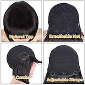 baratos Perucas capless de cabelo natural-Cabelo humano remy Peruca Curto Liso Liso Seda Prumo Bob curto Franja Lisa Com Franjas Cor natural Macio Vestir fácil Melhor qualidade Fabrico à Máquina Cabelo Brasileiro Mulheres Preto 10 polegadas