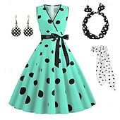 tanie stroje-damska linia a rockabilly sukienka groszki sukienka rozkloszowana sukienka rozkloszowana z zestawem akcesoriów lata 50. 60. retro vintage z opaską na głowę szyfon szalik kolczyki okulary kocie